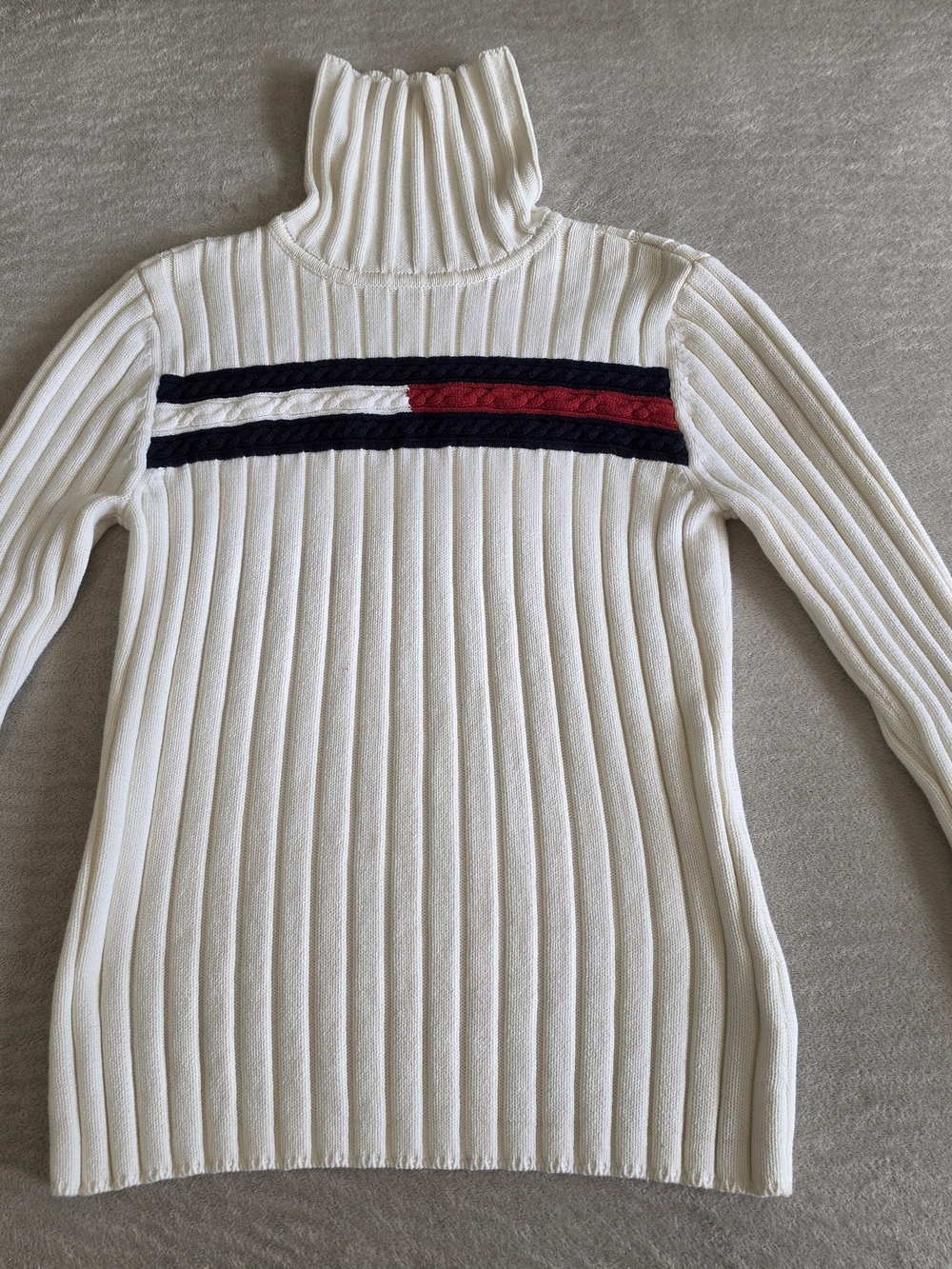 Vintage Y2K Tommy Hilfiger Cream Ribbed Turtleneck with Navy and Red Logo Stripe